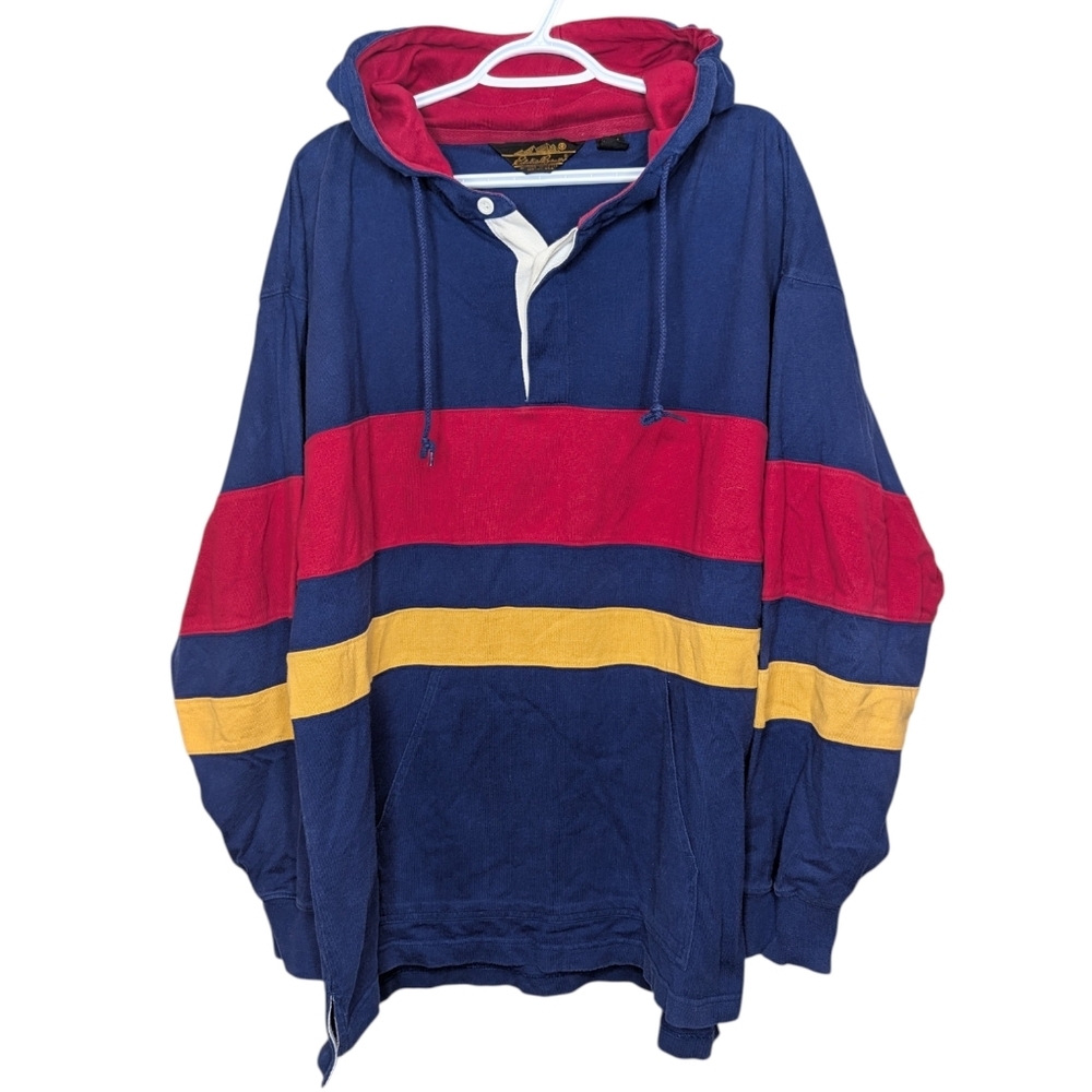Eddie Bauer Vintage Rugby Hoodie Colour Block Blue Red Yellow Large